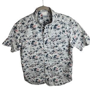Columbia Button Down Shirt Short Sleeve Mens M Beach Umbrella Palm Tree Sailboat